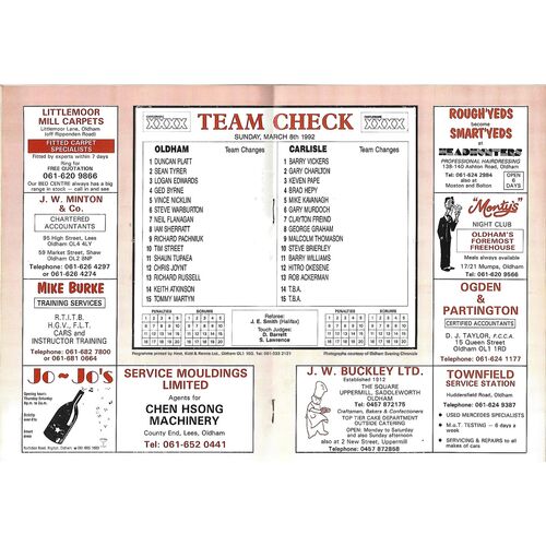 1991/92 Oldham v Carlisle (08/03/1992) Rugby League Programme