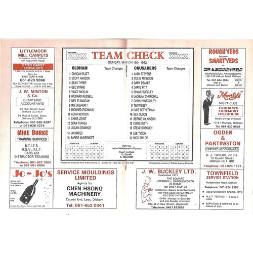 1991/92 Oldham v London Crusaders (15/03/1992) Rugby League Programme