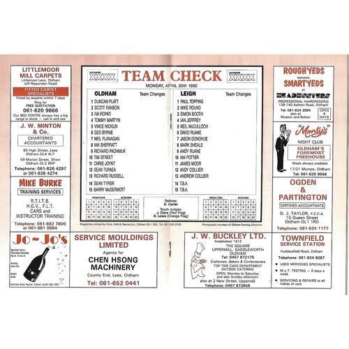 1991/92 Oldham v Leigh (20/04/1992) Rugby League Programme