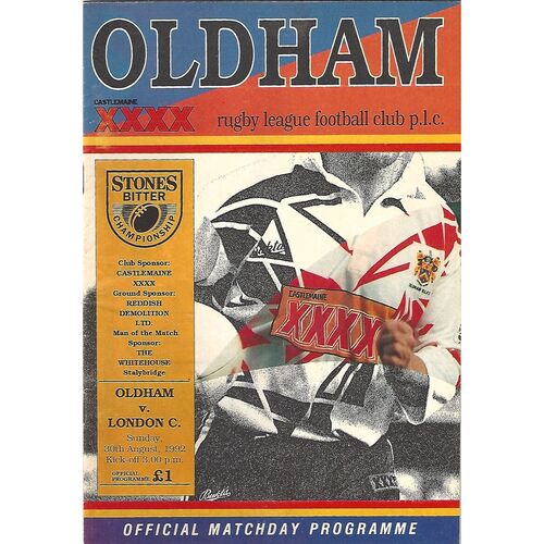 1992/93 Oldham v London Crusaders Rugby League Programme