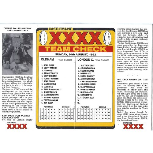 1992/93 Oldham v London Crusaders Rugby League Programme