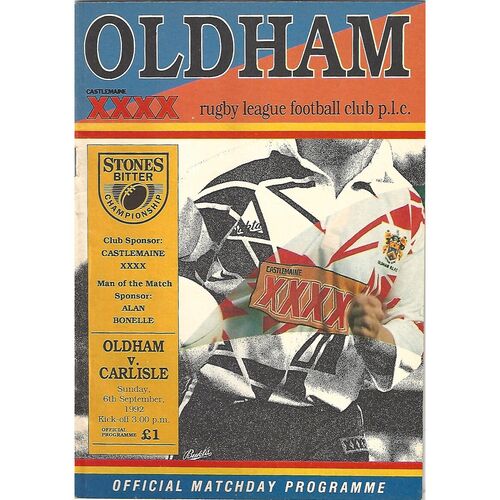 1992/93 Oldham v Carlisle Rugby League Programme