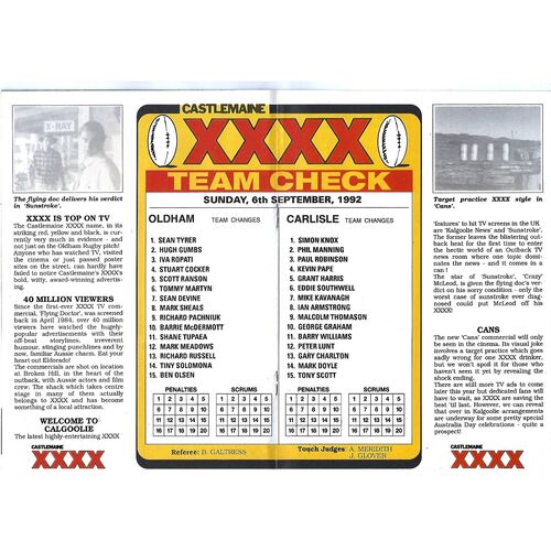 1992/93 Oldham v Carlisle Rugby League Programme