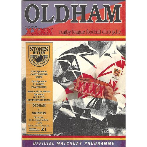1992/93 Oldham v Swinton Rugby League Programme