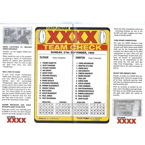 1992/93 Oldham v Swinton Rugby League Programme