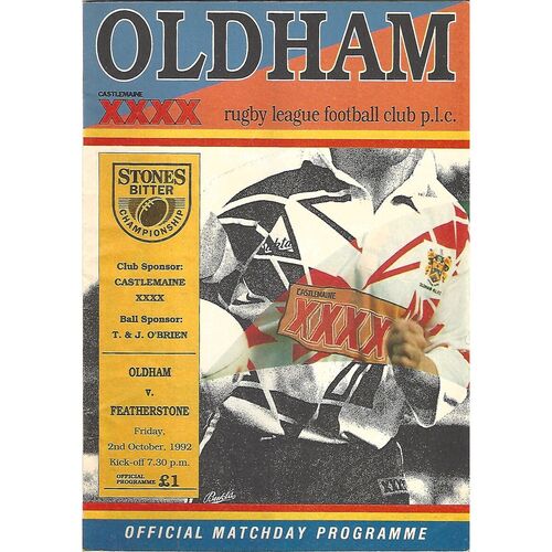 1992/93 Oldham v Featherstone Rovers Rugby League Programme