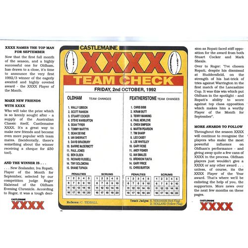 1992/93 Oldham v Featherstone Rovers Rugby League Programme