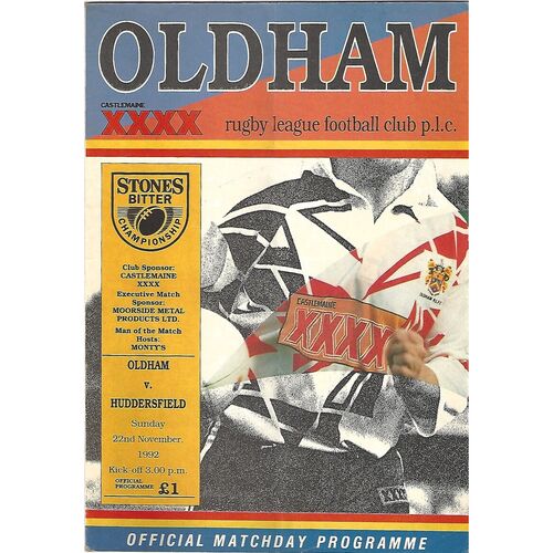 1992/93 Oldham v Huddersfield Rugby League Programme