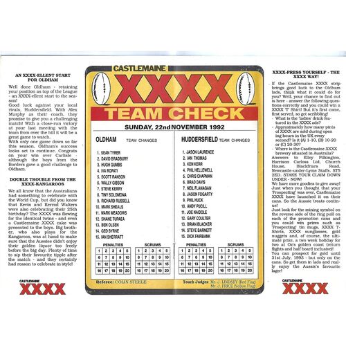 1992/93 Oldham v Huddersfield Rugby League Programme