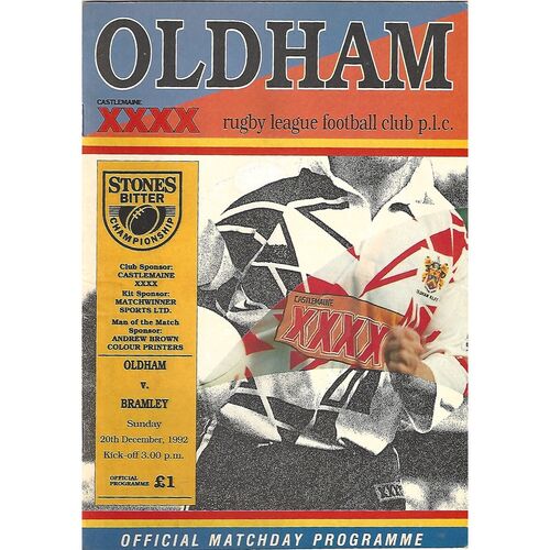 1992/93 Oldham v Bramley (20/12/1992) Rugby League Programme