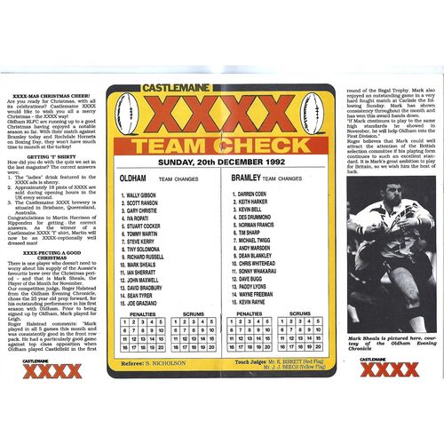 1992/93 Oldham v Bramley (20/12/1992) Rugby League Programme