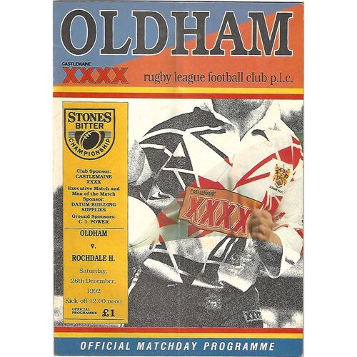 1992/93 Oldham v Rochdale Hornets (26/12/1992) Rugby League Programme