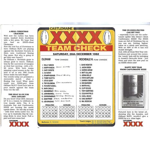 1992/93 Oldham v Rochdale Hornets (26/12/1992) Rugby League Programme