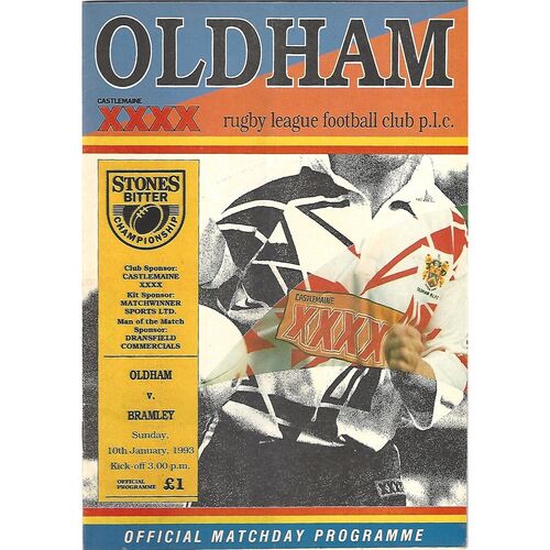 1992/93 Oldham v Bramley (10/01/1993) Rugby League Programme
