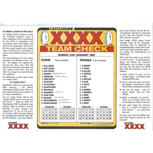 1992/93 Oldham v Rochdale Hornets (24/01/1993) Rugby League Programme