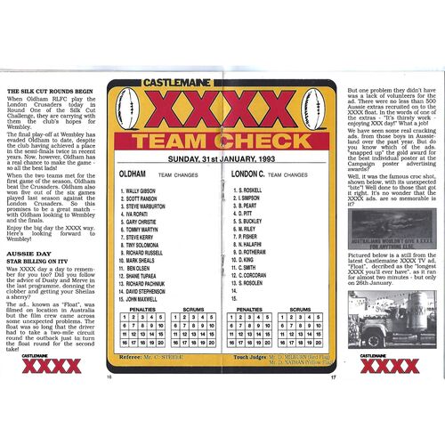 1992/93 Oldham v London Crusaders Silk Cut Challenge Cup 1st Round Rugby League Programme