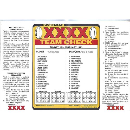 1992/93 Oldham v Bradford Northern Silk Cut Challenge Cup 3rd Round Rugby League Programme