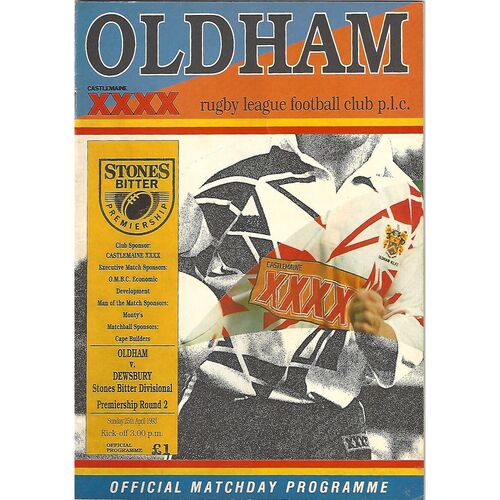 1992/93 Oldham v Dewsbury Stones Bitter Divisional Premership Round 2 Rugby League Programme