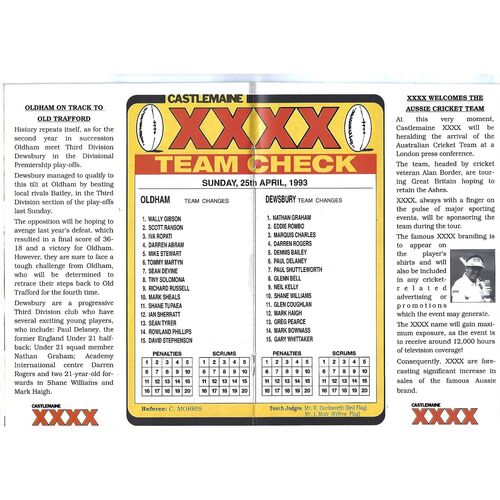 1992/93 Oldham v Dewsbury Stones Bitter Divisional Premership Round 2 Rugby League Programme