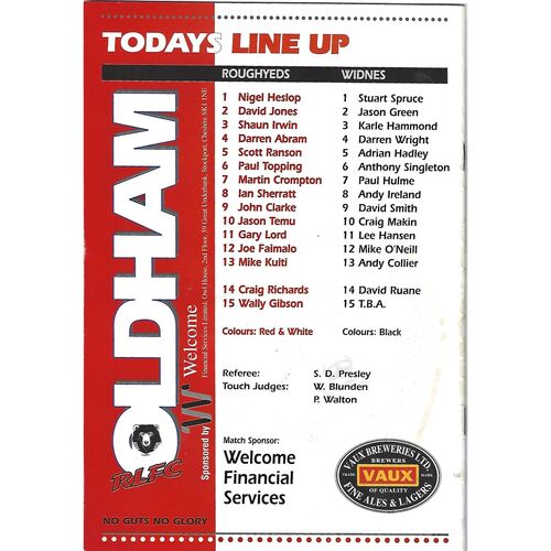 1994/95 Oldham Roughyeds v Widnes Rugby League Programme