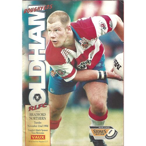 1994/95 Oldham Roughyeds v Bradford Northern Rugby League Programme