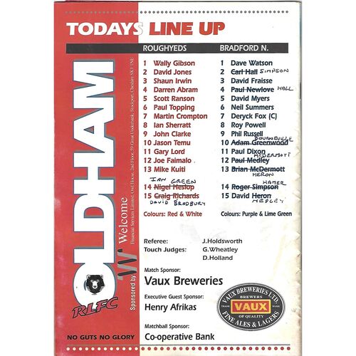 1994/95 Oldham Roughyeds v Bradford Northern Rugby League Programme