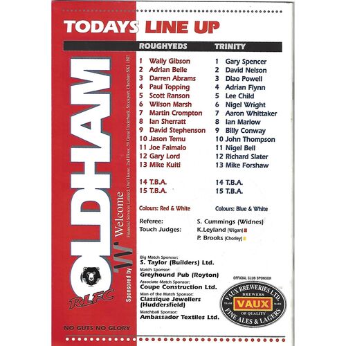 1994/95 Oldham Roughyeds v Wakefield Trinity Rugby League Programme