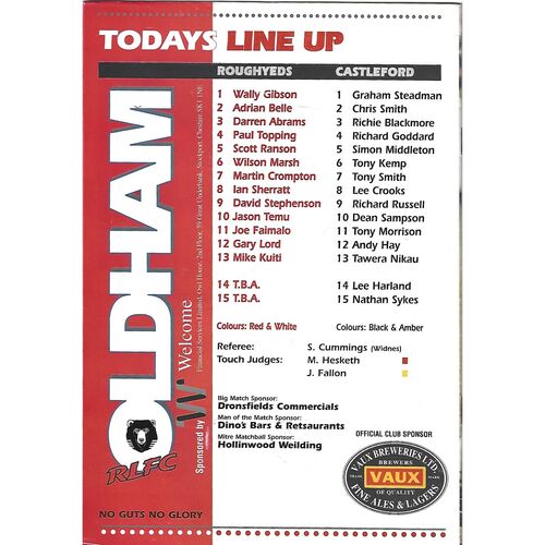 1994/95 Oldham Roughyeds v Castleford Rugby League Programme