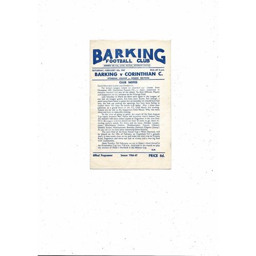 1966/67 Barking v Corinthian Casuals Football Programme