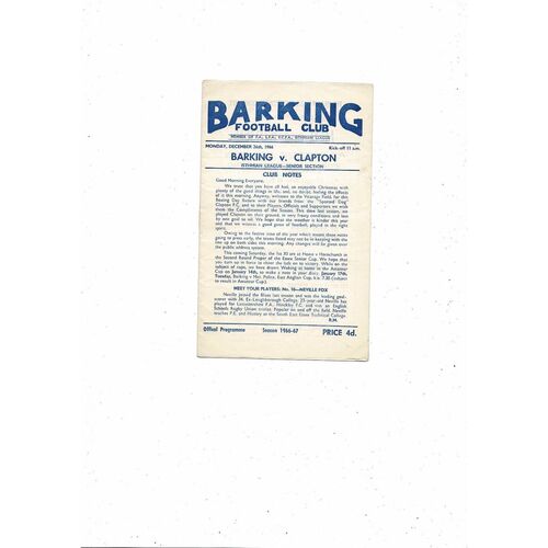 1966/67 Barking v Clapton Football Programme