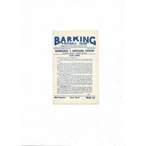 1966/67 Barking v Hitchin Town Football Programme