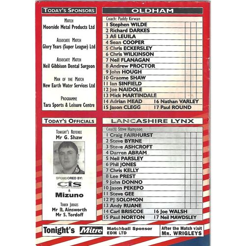 1998 Oldham v Lancashire Lynx Rugby League Programme