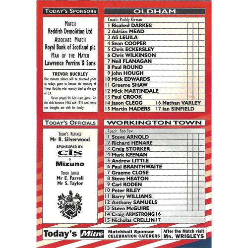 1998 Oldham v Workington Town Rugby League Programme