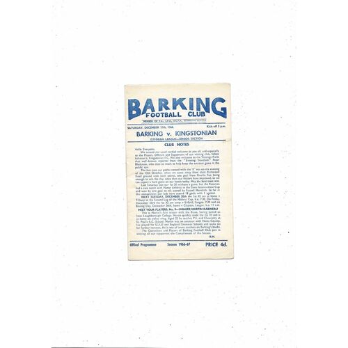 1966/67 Barking v Kingstonian Football Programme