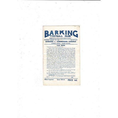 1967/68 Barking v Corinthian Casuals Football Programme