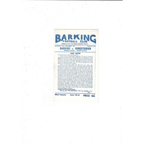 1967/68 Barking v Kingstonian Football Programme