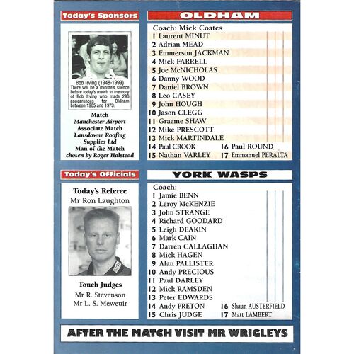 1999 Oldham v York Wasps Rugby League Programme