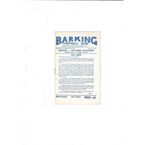 1967/68 Barking v Wycombe Wanderers Football Programme
