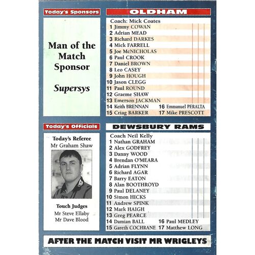1999 Oldham v Dewsbury Rams Rugby League Programme