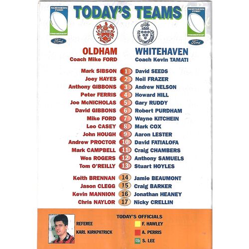 2000 Oldham v Whitehaven Warriors Rugby League Programme