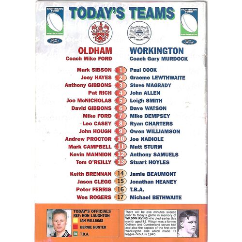 2000 Oldham v Workington Town Rugby League Programme