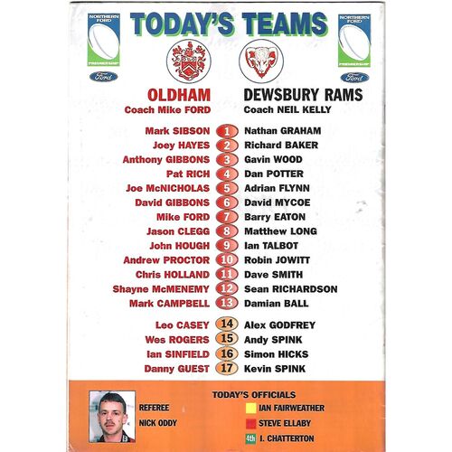 2000 Oldham v Dewsbury Rams Rugby League Programme