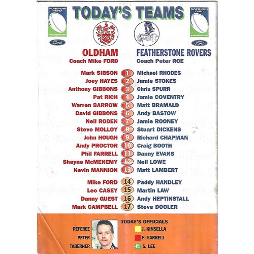 2000 Oldham v Featherstone Rovers Rugby League Programme