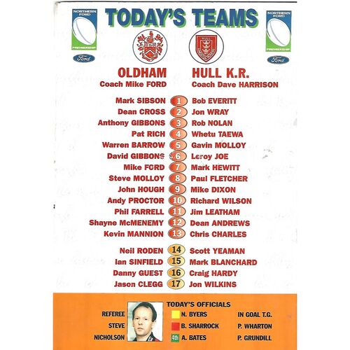 2000 Oldham v Hull Kingston Rovers NFP Play Off Elimination Semi Final Rugby League Programme
