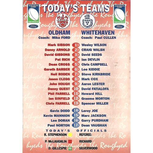 2001 Oldham v Whitehaven Rugby League Programme