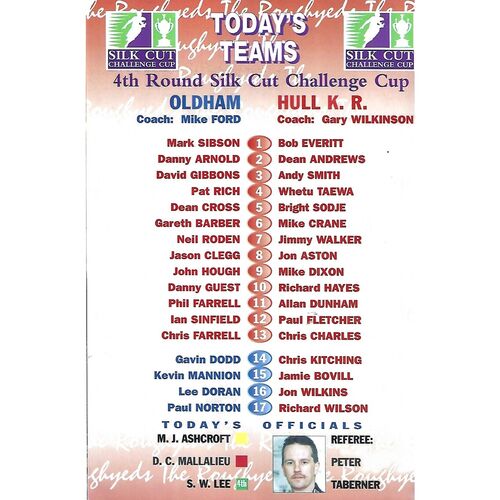 2001 Oldham v Hull Kingston Rovers Silk Cut Challenge Cup 4th Round Rugby League Programme