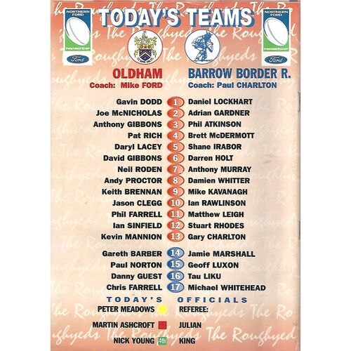 2001 Oldham v Barrow Border Raiders Rugby League Programme