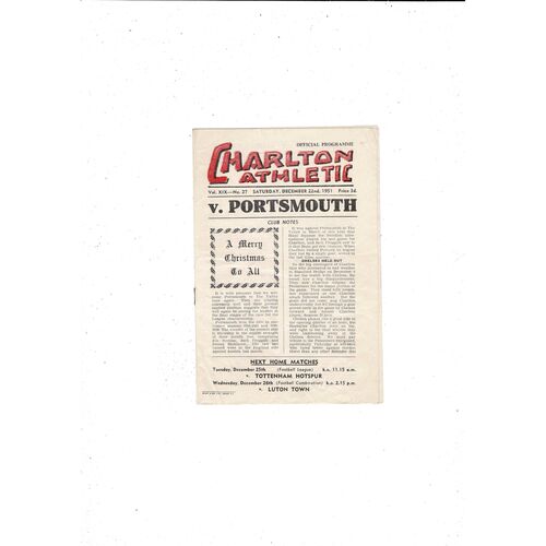 1951/52 Charlton Athletic v Portsmouth Football Programme
