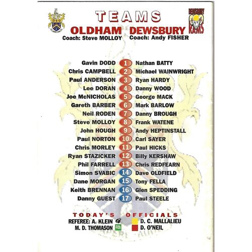 2003 Oldham v Dewsbury Rams Rugby League Programme