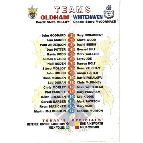 2003 Oldham v Whitehaven Rugby League Programme